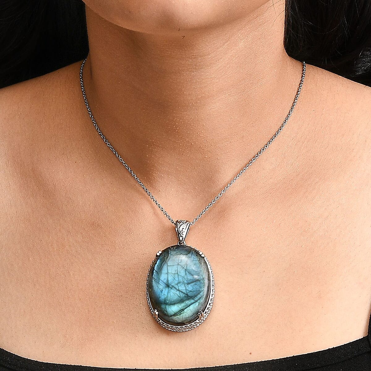 Malagasy Labradorite Solitaire Pendant Necklace 20 Inches in Stainless Steel 79.50 ctw image number 2