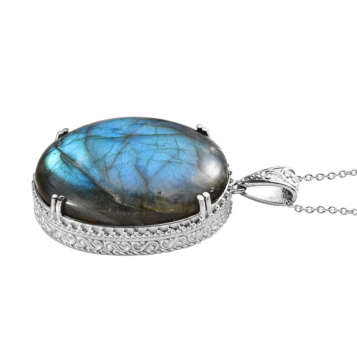 Malagasy Labradorite Solitaire Pendant Necklace 20 Inches in Stainless Steel 79.50 ctw image number 3