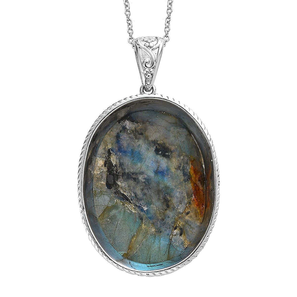 Malagasy Labradorite Solitaire Pendant Necklace 20 Inches in Stainless Steel 79.50 ctw image number 4