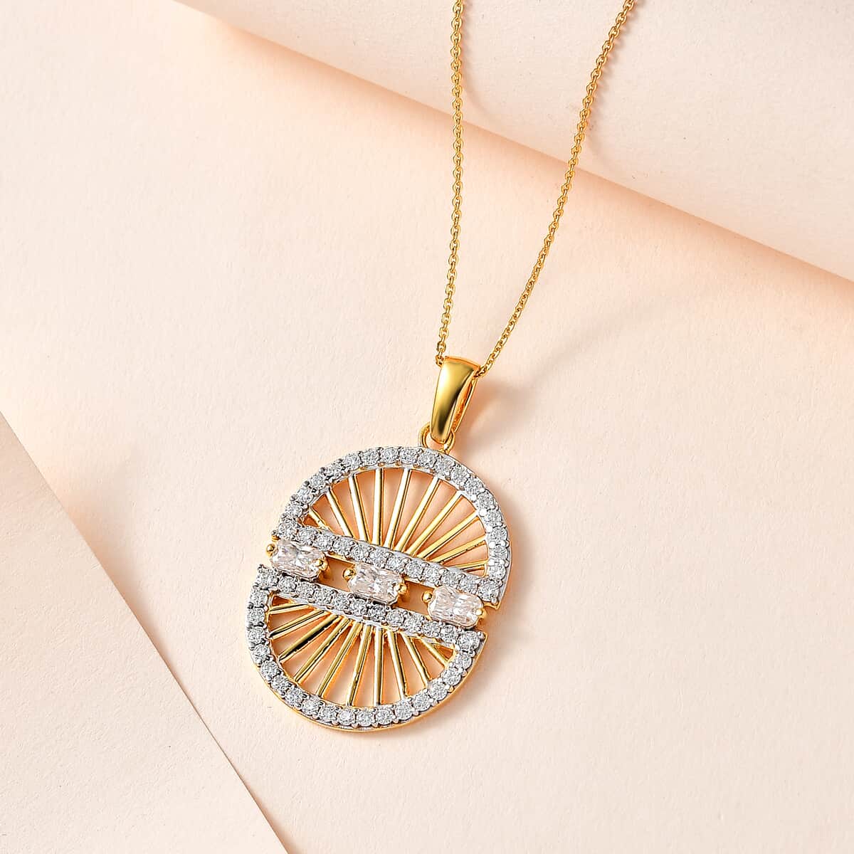 Moissanite Sun Starburst Statement Evil Eye Protector Medallion Pendant Necklace 20 Inches in Vermeil Yellow Gold Over Sterling Silver 1.70 ctw image number 1