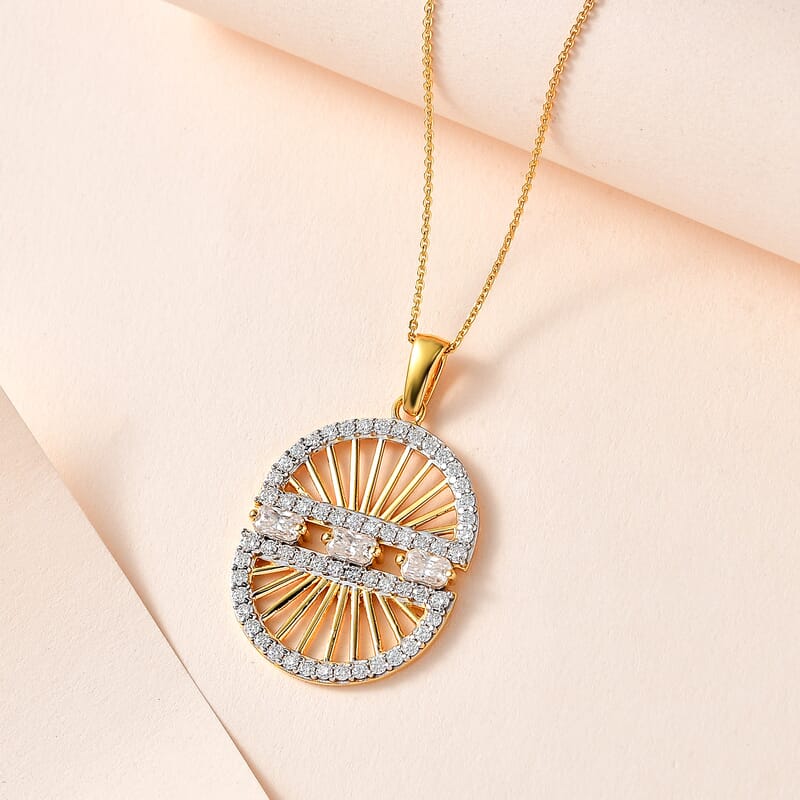 Moissanite Sun Starburst Statement Evil Eye Protector Medallion Pendant Necklace 20 Inches in Vermeil Yellow Gold Over Sterling Silver 1.70 ctw