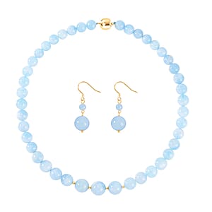 Mangoro Aquamarine Beaded Graduated Necklace 20 Inches and Drop Earrings in 14K YG Over Sterling Silver 452.25 ctw