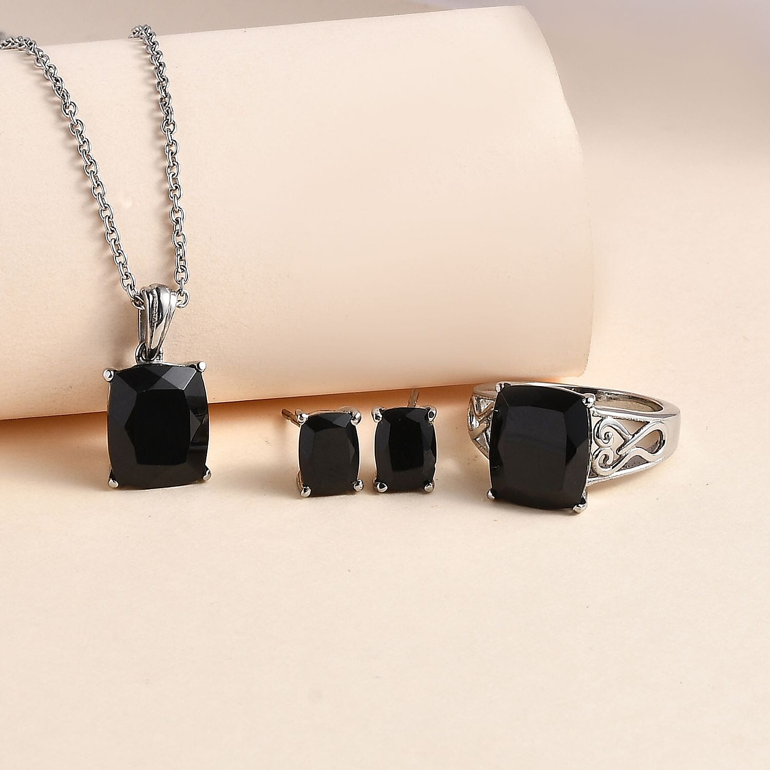 Thai Black Spinel Solitaire Stud Earrings, Ring (Size 5.00) and Pendant Necklace (20 Inches) in Stainless Steel 13.00 ctw