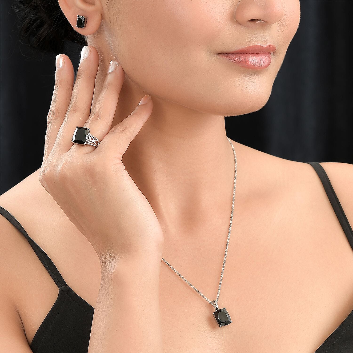 Thai Black Spinel Solitaire Stud Earrings, Ring (Size 5.00) and Pendant Necklace (20 Inches) in Stainless Steel 13.00 ctw