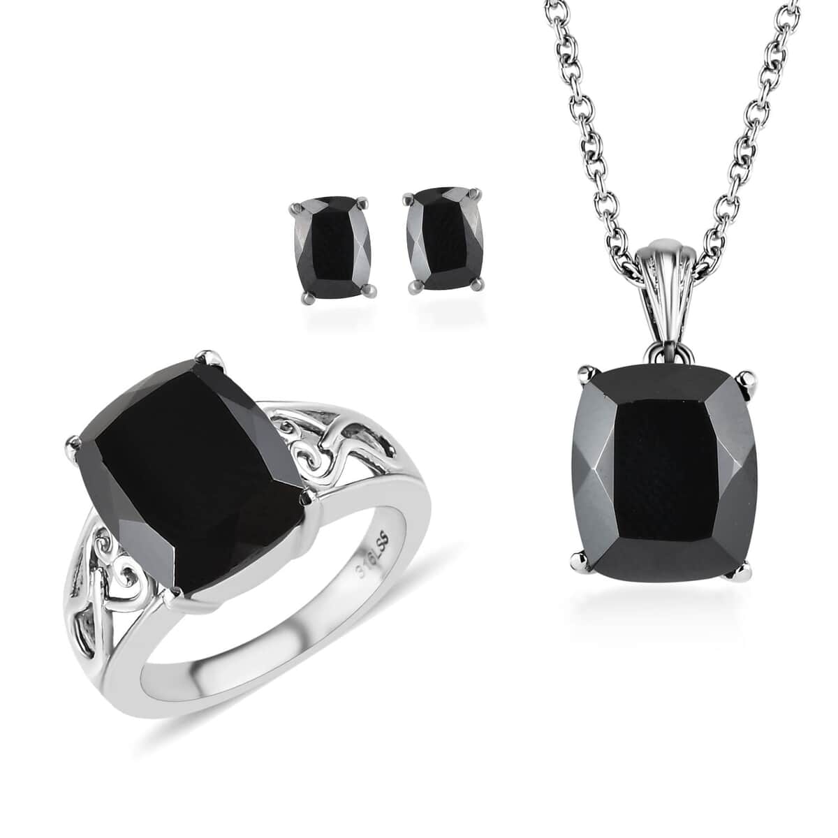 Thai Black Spinel Solitaire Stud Earrings, Ring (Size 6.00) and Pendant Necklace 20 Inches in Stainless Steel 13.00 ctw image number 0