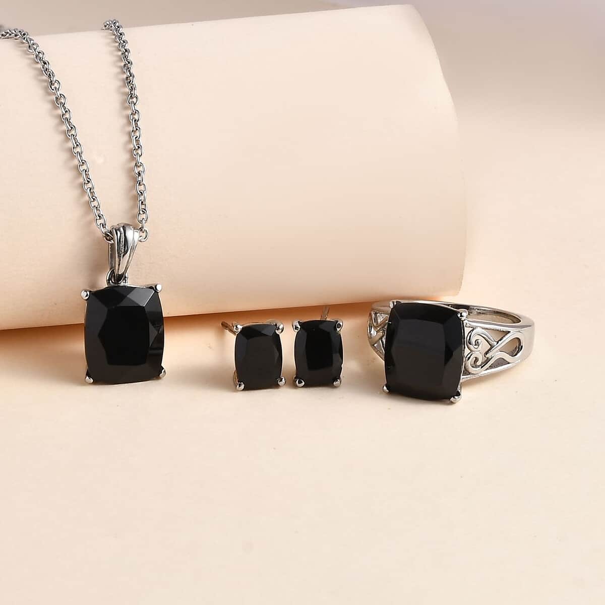 Thai Black Spinel Solitaire Stud Earrings, Ring (Size 6.00) and Pendant Necklace 20 Inches in Stainless Steel 13.00 ctw image number 1