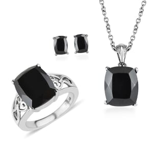 Thai Black Spinel Solitaire Stud Earrings, Ring (Size 7.00) and Pendant Necklace 20 Inches in Stainless Steel 13.00 ctw