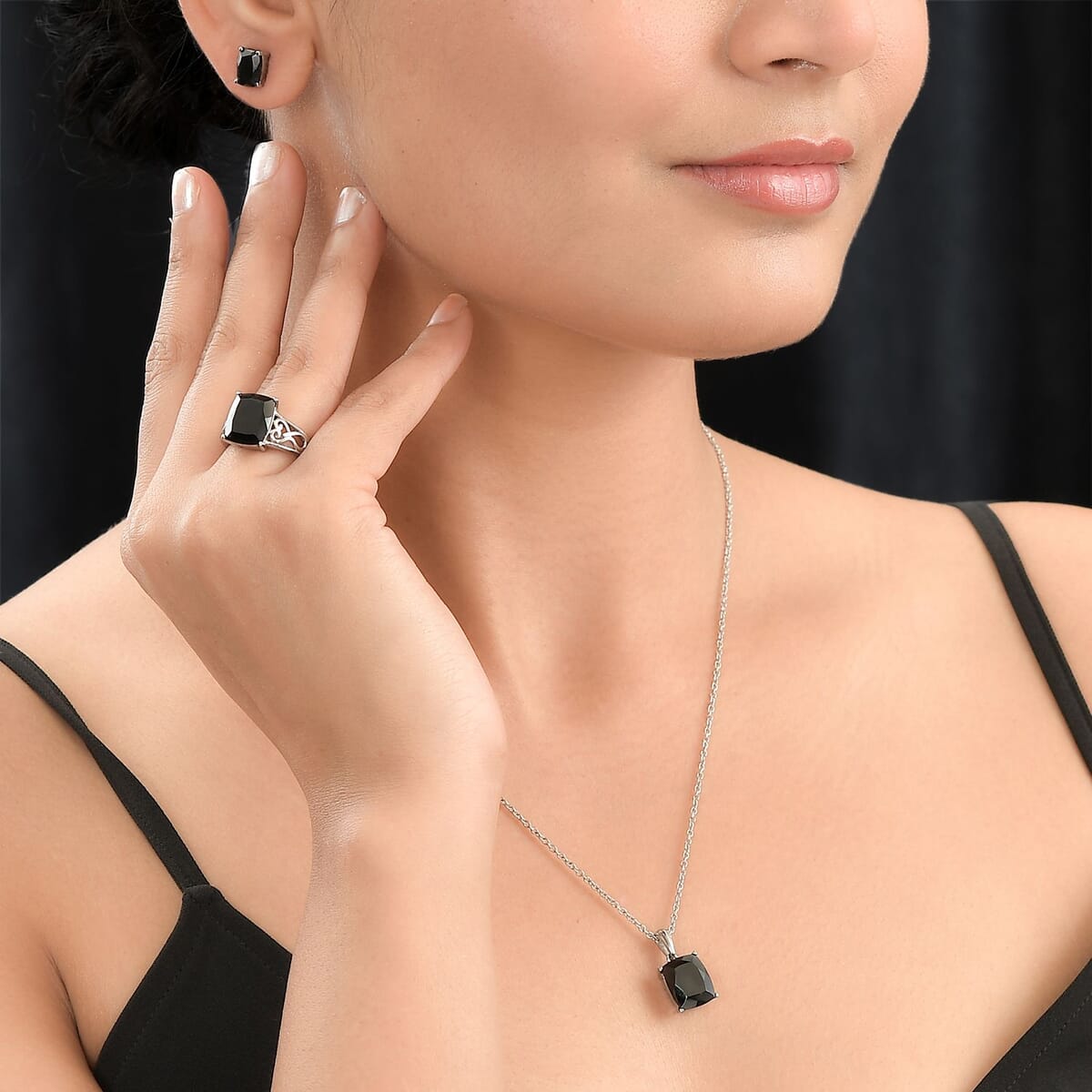 Thai Black Spinel Solitaire Stud Earrings, Ring (Size 7.00) and Pendant Necklace 20 Inches in Stainless Steel 13.00 ctw image number 3