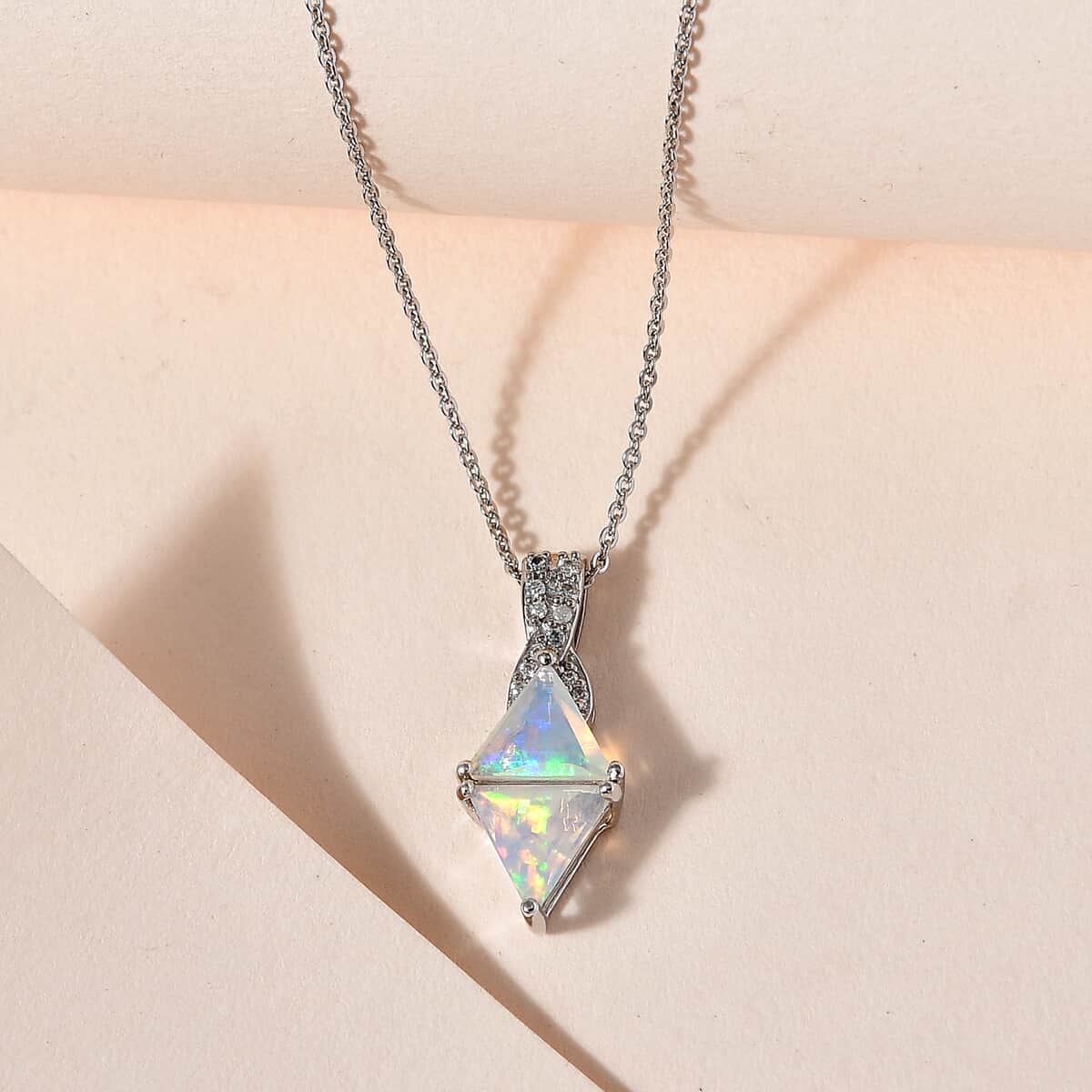 Premium Ethiopian Welo Opal and Moissanite Pendant Necklace 20 Inches in Platinum Over Sterling Silver 1.30 ctw image number 2