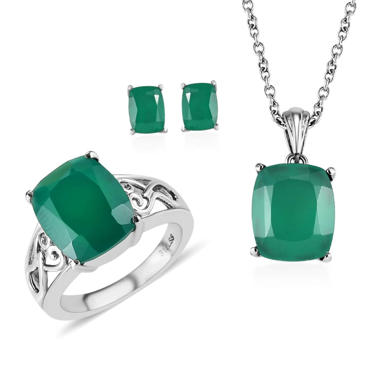 Verde Onyx Solitaire Stud Earrings, Ring (Size 6.00) and Pendant Necklace 20 Inches in Stainless Steel 13.25 ctw image number 0