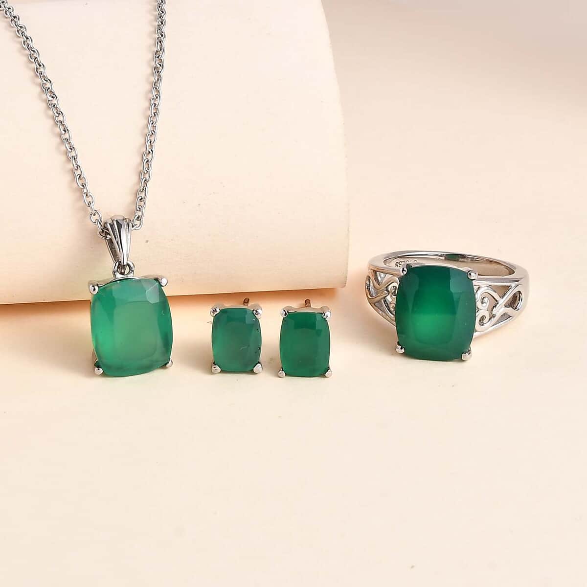Verde Onyx Solitaire Stud Earrings, Ring (Size 6.00) and Pendant Necklace 20 Inches in Stainless Steel 13.25 ctw image number 1