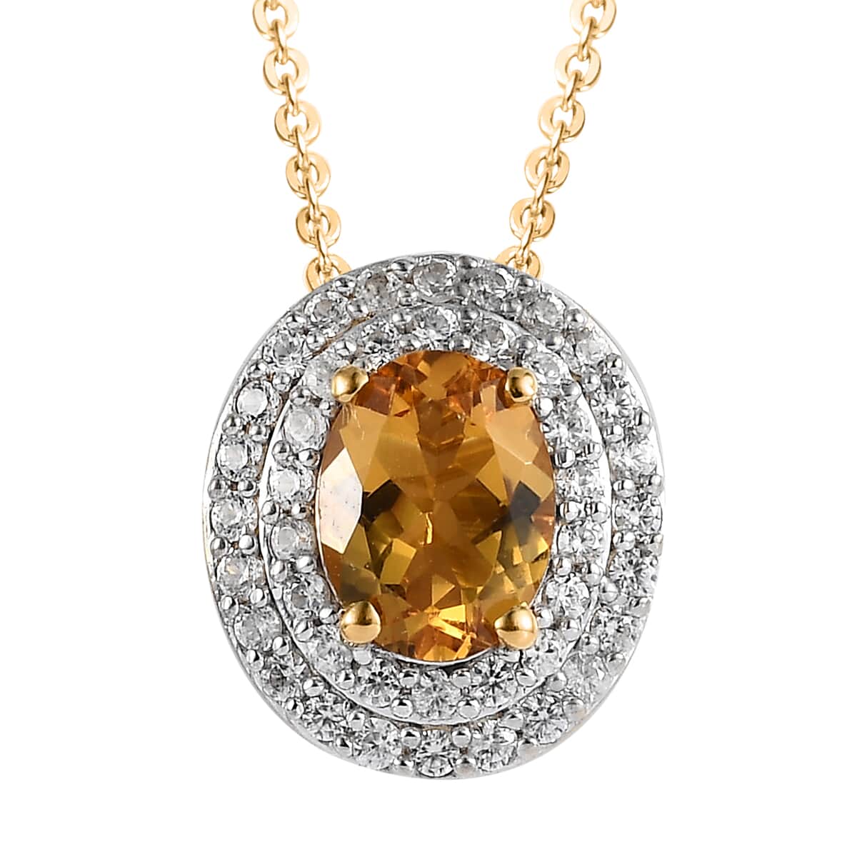 Premium Brazilian Heliodor and White Zircon Double Halo Pendant Necklace 20 Inches in Vermeil Yellow Gold Over Sterling Silver 1.50 ctw image number 0