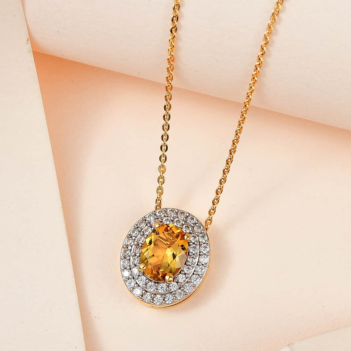 Premium Brazilian Heliodor and White Zircon Double Halo Pendant Necklace 20 Inches in Vermeil Yellow Gold Over Sterling Silver 1.50 ctw image number 1