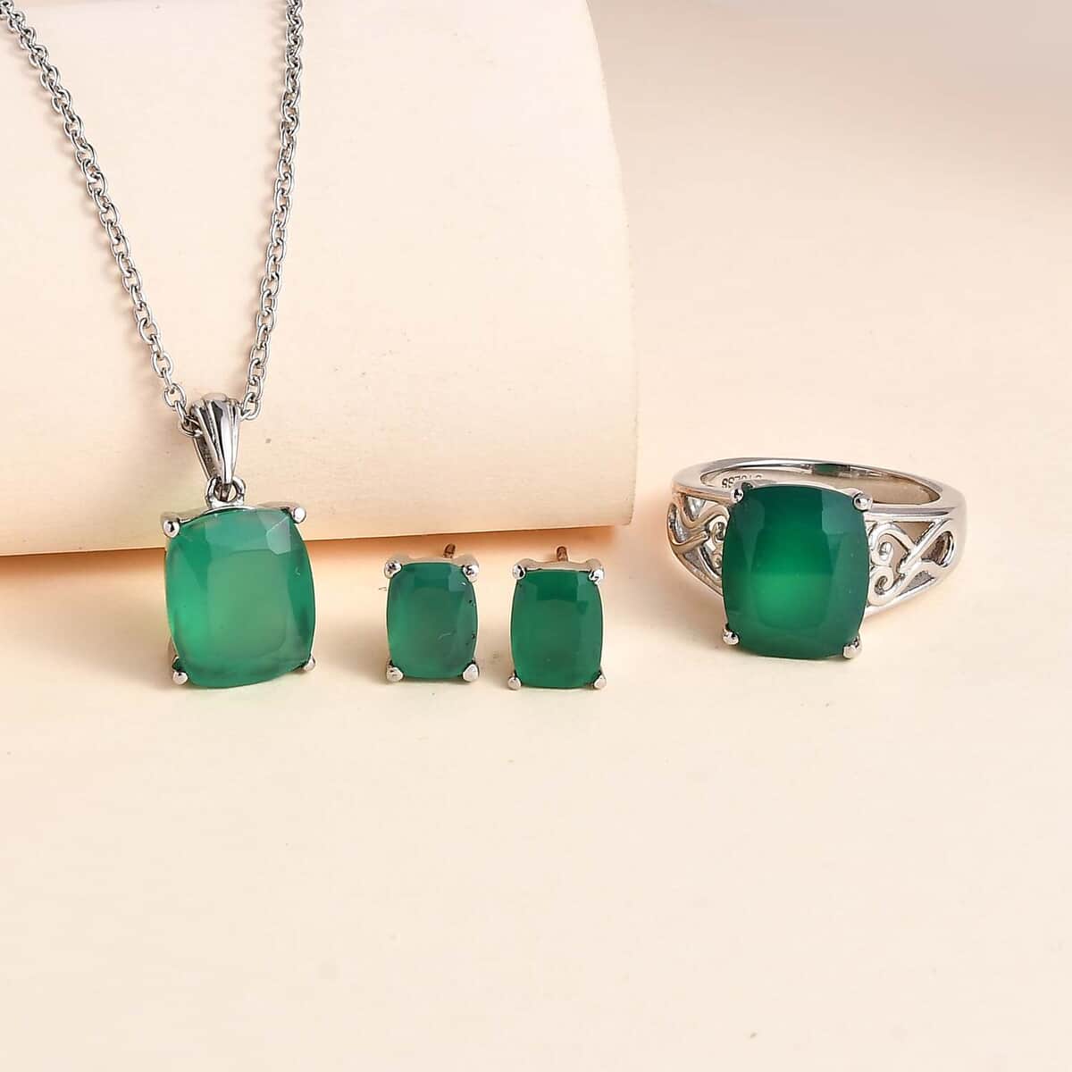 Verde Onyx Solitaire Stud Earrings, Ring (Size 7.00) and Pendant Necklace 20 Inches in Stainless Steel 13.25 ctw image number 1