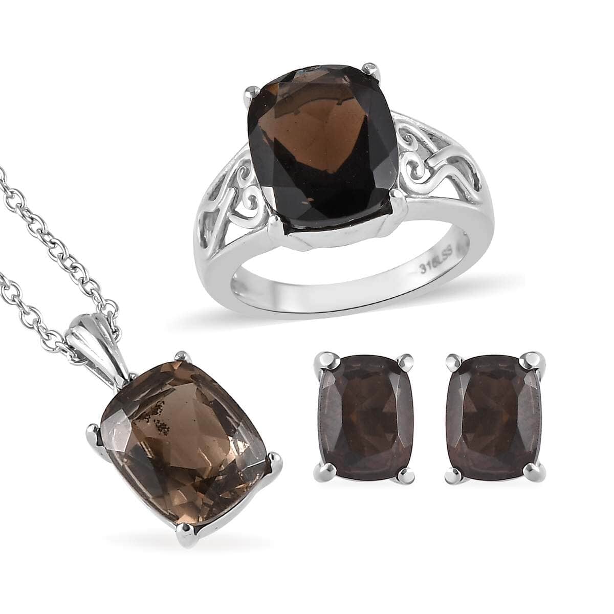 Brazilian Smoky Quartz Solitaire Stud Earrings, Ring (Size 5) and Pendant Necklace 20 Inches in Stainless Steel 13.35 ctw image number 0