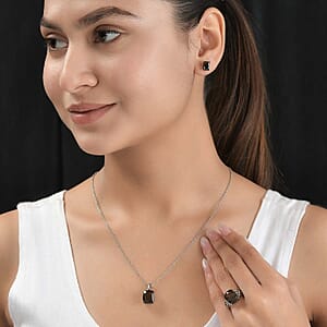 Thai Black Spinel Solitaire Stud Earrings, Ring (Size 5.00) and Pendant Necklace (20 Inches) in Stainless Steel 13.00 ctw