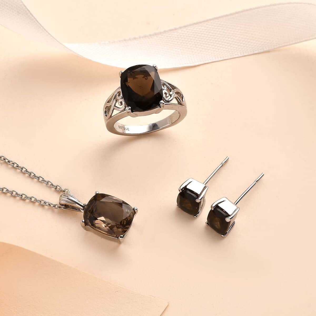 Brazilian Smoky Quartz Solitaire Stud Earrings, Ring (Size 6) and Pendant Necklace 20 Inches in Stainless Steel 13.35 ctw image number 1
