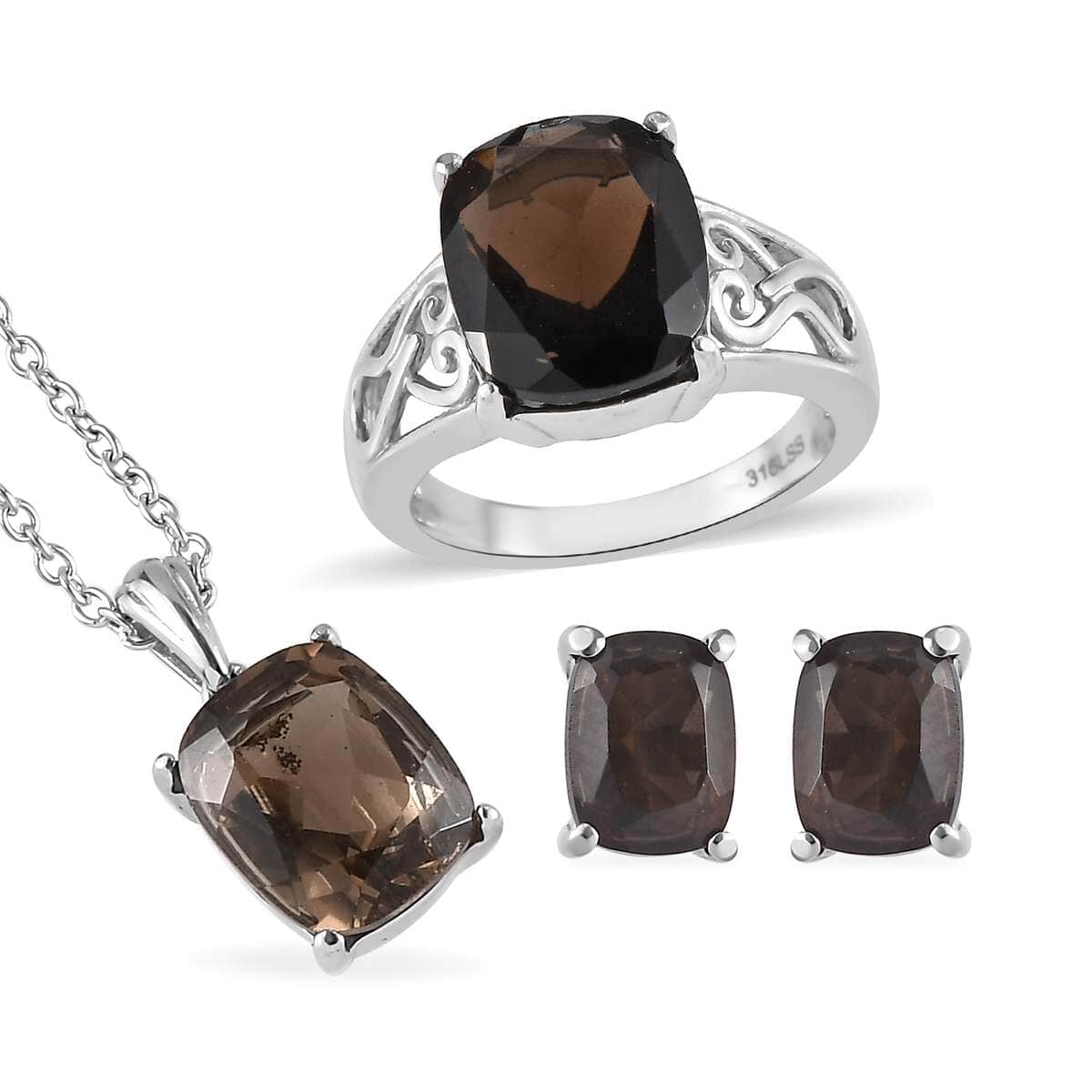 Brazilian Smoky Quartz Solitaire Stud Earrings, Ring (Size 8) and Pendant Necklace 20 Inches in Stainless Steel 13.35 ctw image number 0