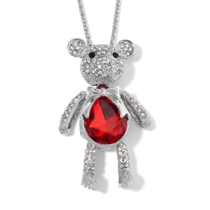 Red Glass, Black and White Austrian Crystal Teddy Bear Pendant Necklace in Silvertone 28-30 Inches