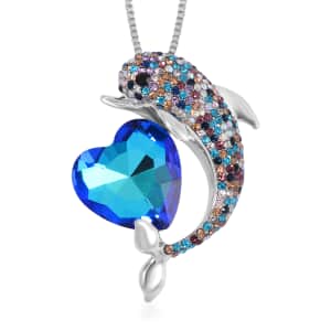 Blue Magic Color Glass and Multi Color Austrian Crystal Fish Pendant Necklace in Silvertone 28-30 Inches