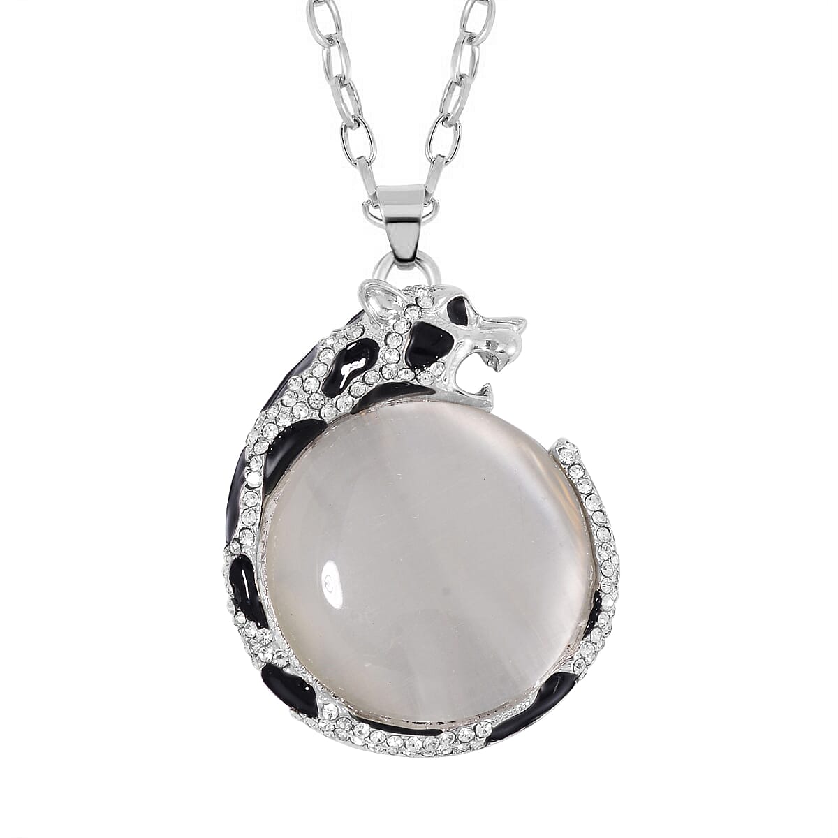 Lab Created White Cat's Eye, Black and White Austrian Crystal Panther Pendant Necklace in Silvertone 28-30 Inches