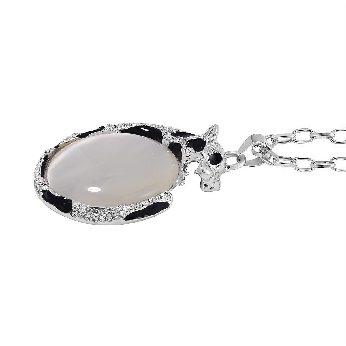 Lab Created White Cat's Eye, Black and White Austrian Crystal Panther Pendant Necklace in Silvertone 28-30 Inches
