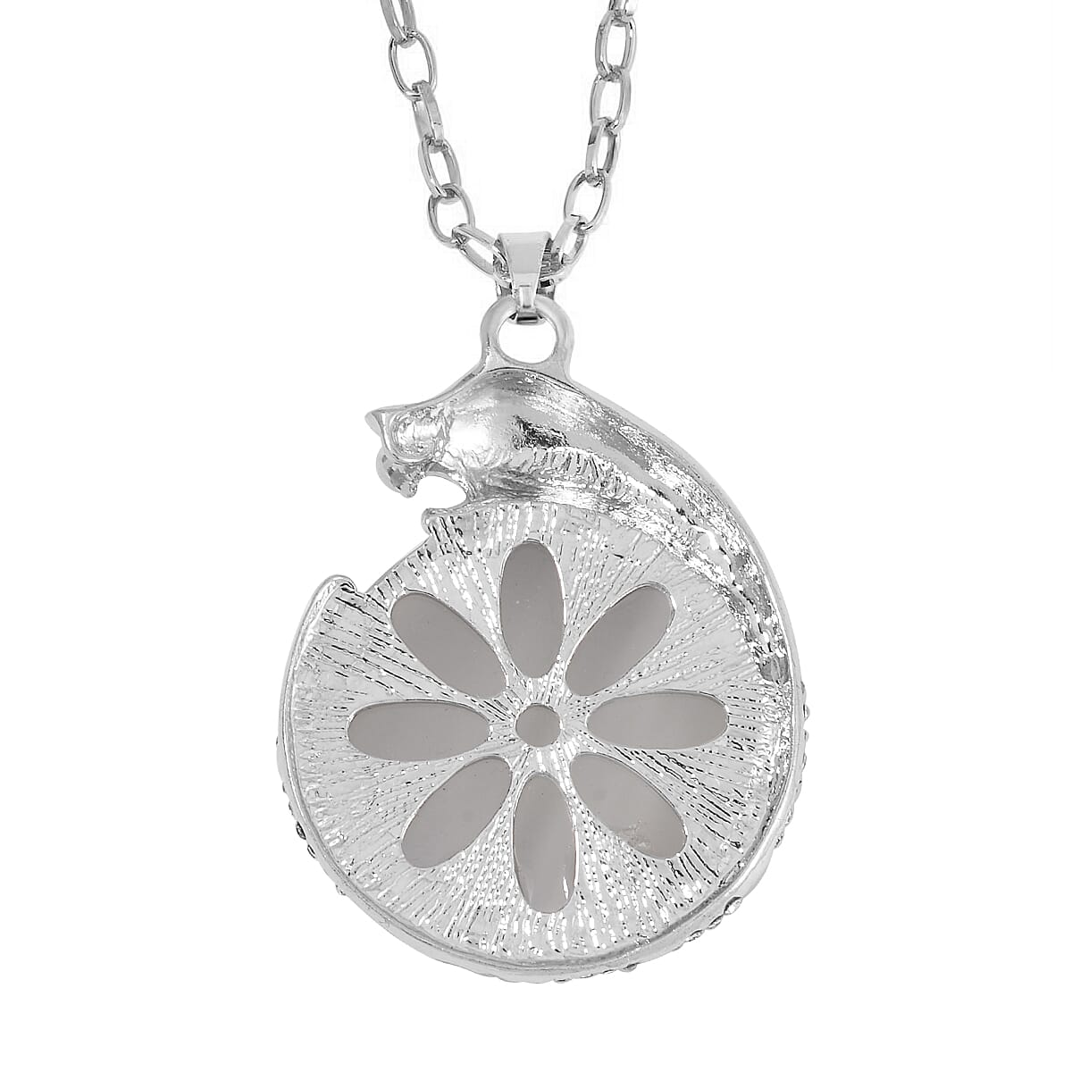 Lab Created White Cat's Eye, Black and White Austrian Crystal Panther Pendant Necklace in Silvertone 28-30 Inches
