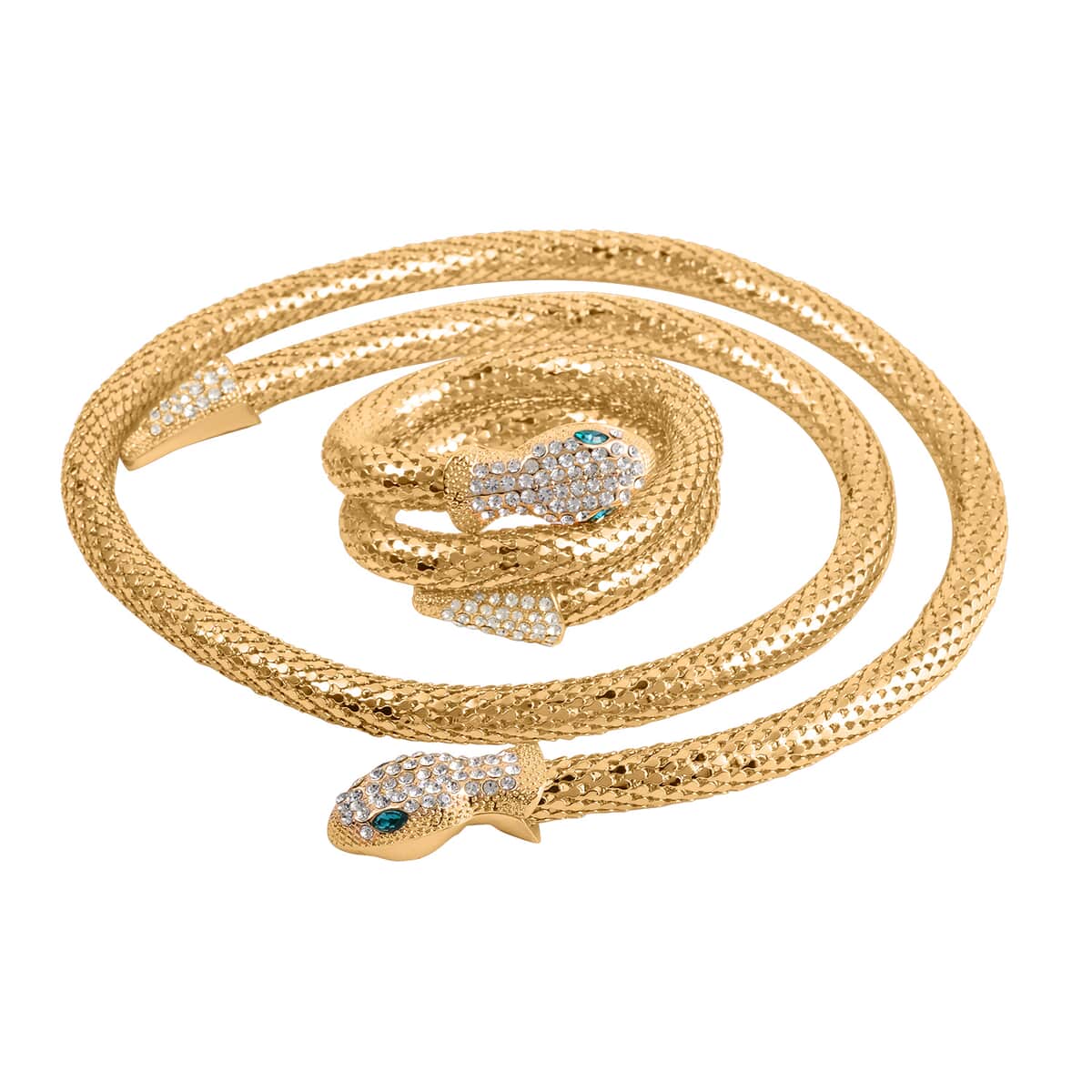 Green Color Resin and White Austrian Crystal Snake Bracelet (6.50-7.00In) and Necklace 36 Inches in Goldtone image number 0