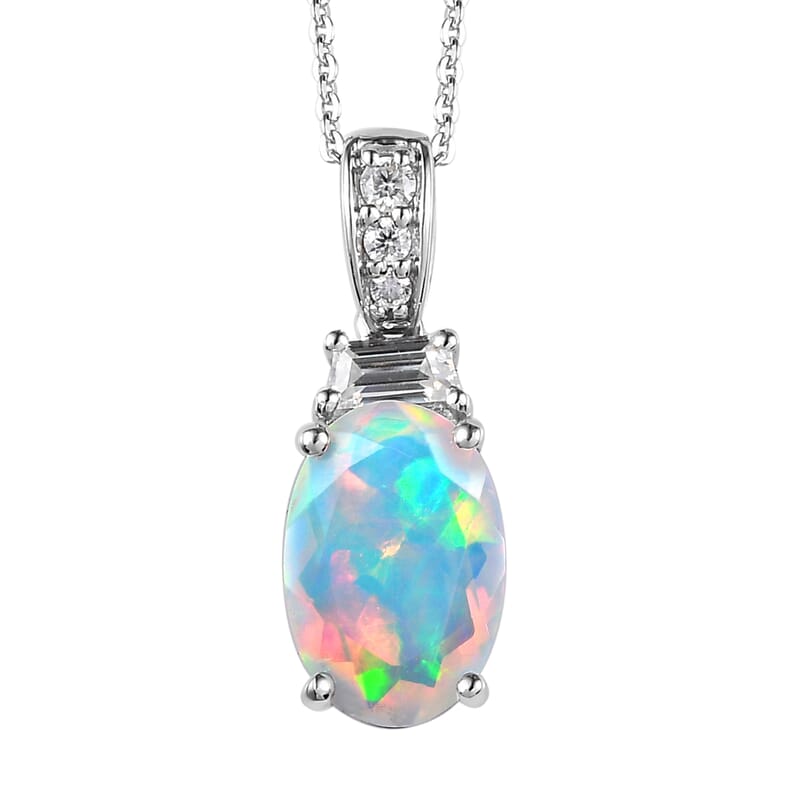 Premium Ethiopian Welo Opal and Moissanite Pendant Necklace 20 Inches in Platinum Over Sterling Silver 2.25 ctw