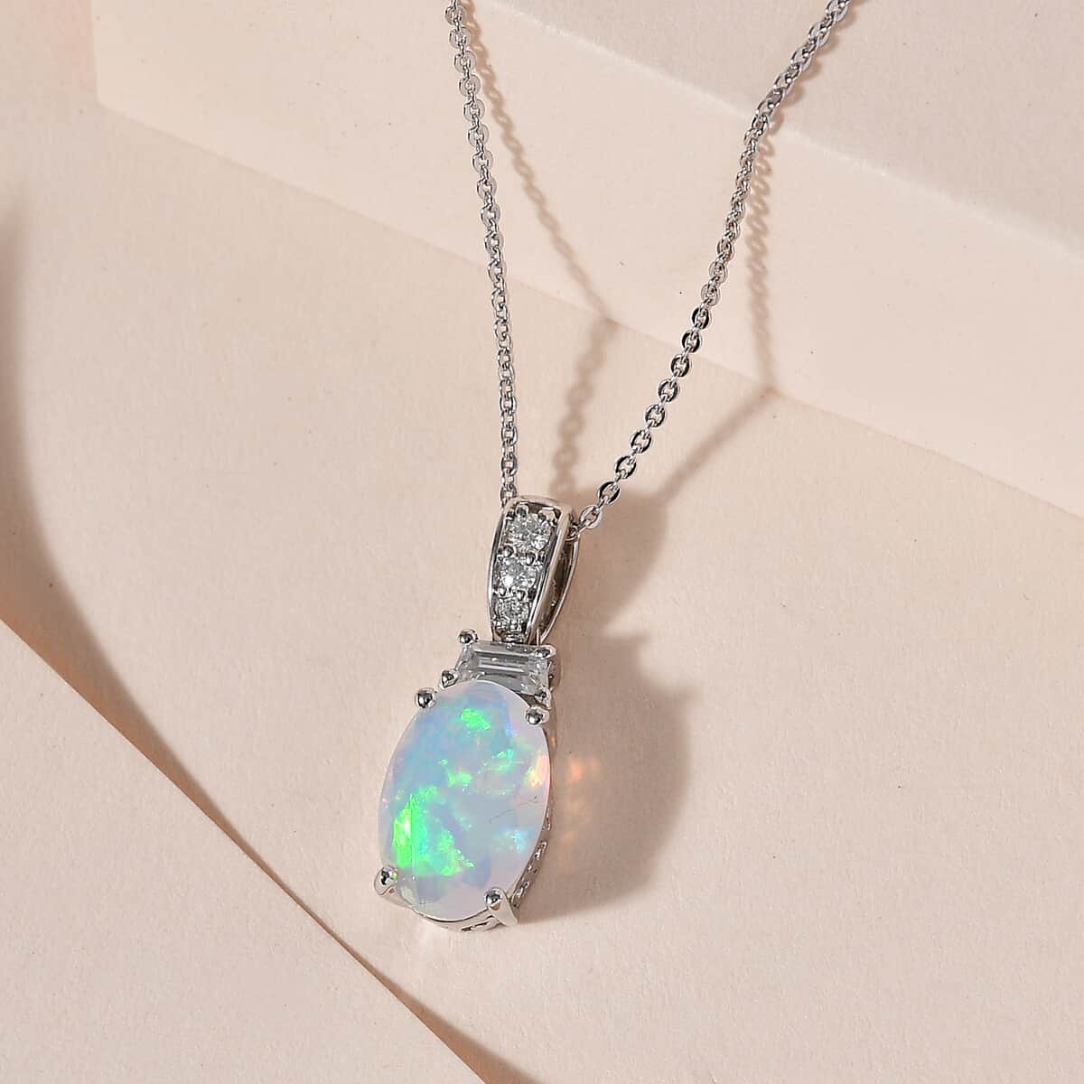 Premium Ethiopian Welo Opal and Moissanite Pendant Necklace 20 Inches in Platinum Over Sterling Silver 2.25 ctw image number 1