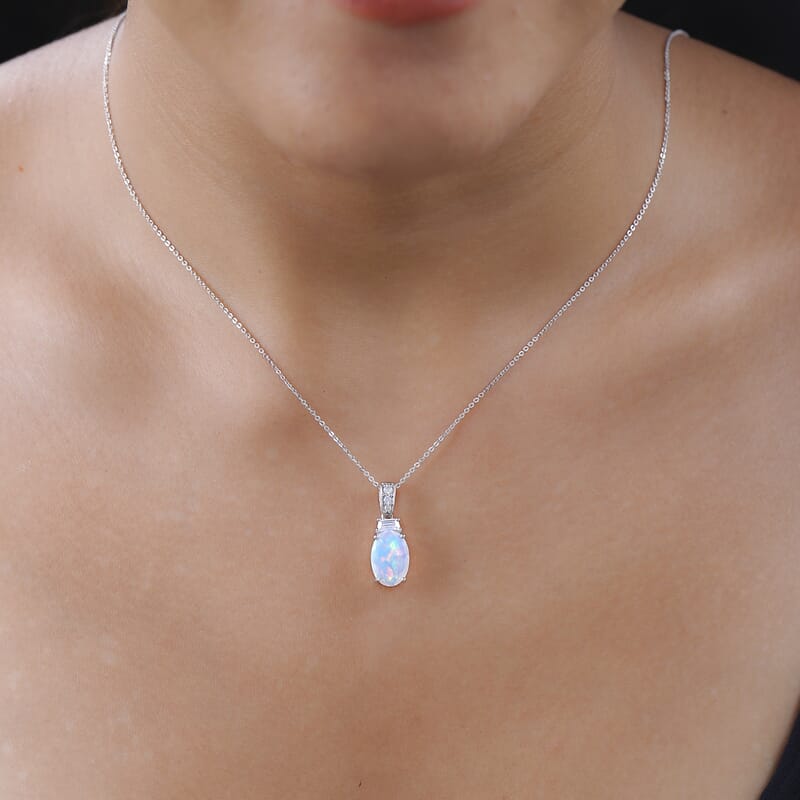 Premium Ethiopian Welo Opal and Moissanite Pendant Necklace 20 Inches in Platinum Over Sterling Silver 2.25 ctw