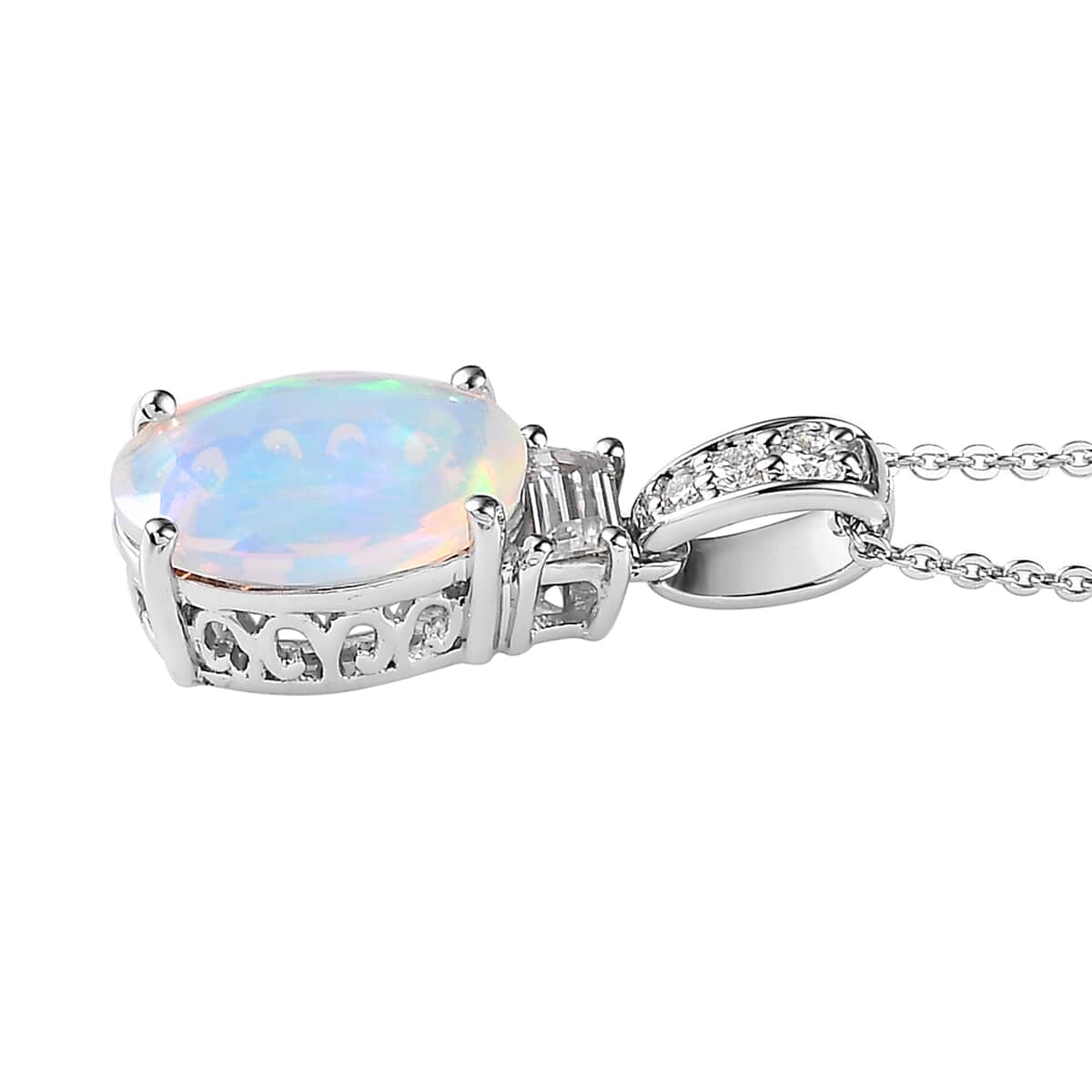 Premium Ethiopian Welo Opal and Moissanite Pendant Necklace 20 Inches in Platinum Over Sterling Silver 2.25 ctw image number 3