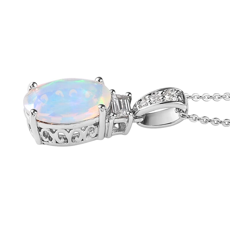 Premium Ethiopian Welo Opal and Moissanite Pendant Necklace 20 Inches in Platinum Over Sterling Silver 2.25 ctw