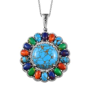 Karis Mojave Blue Turquoise, Mojave Multi Turquoise 34.25 ctw Halo Pendant in Platinum Bond with Stainless Steel Necklace 20 Inches