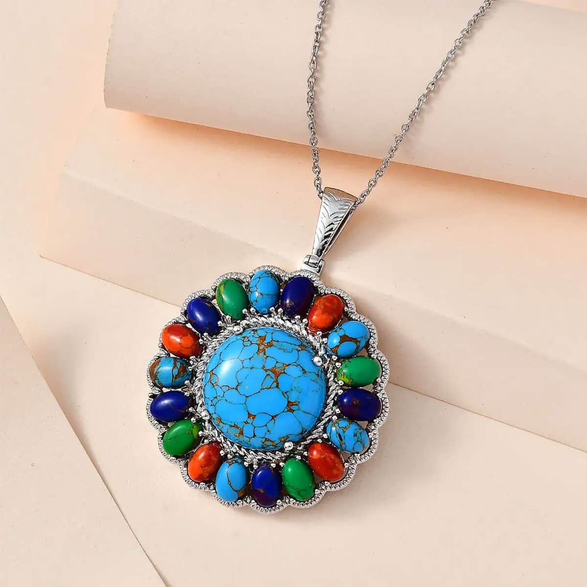 Karis Mojave Blue Turquoise, Mojave Multi Turquoise Halo Pendant in Platinum Bond with Stainless Steel Necklace (20 Inches) 34.25 ctw image number 1