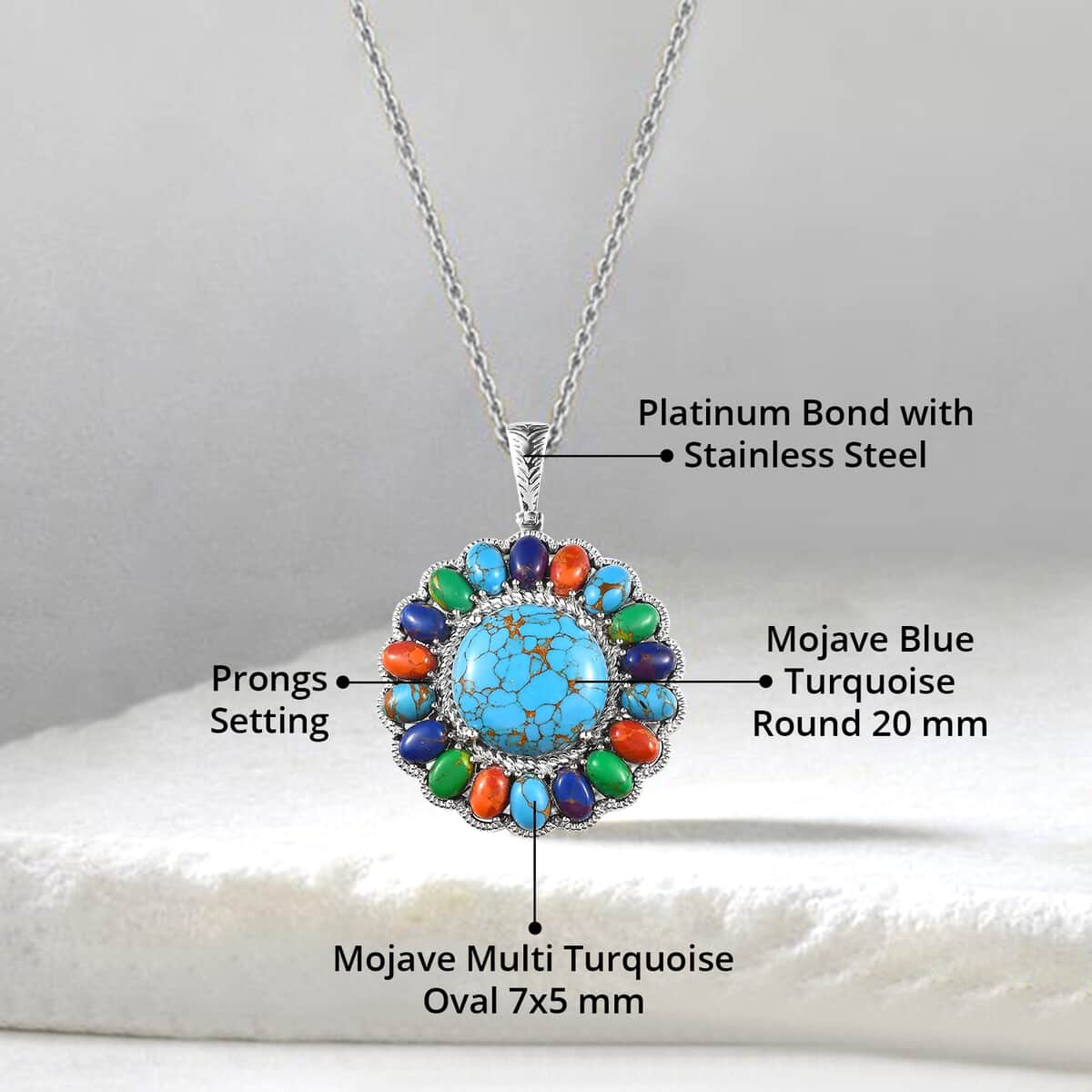 Karis Mojave Blue Turquoise, Mojave Multi Turquoise Halo Pendant in Platinum Bond with Stainless Steel Necklace (20 Inches) 34.25 ctw image number 4