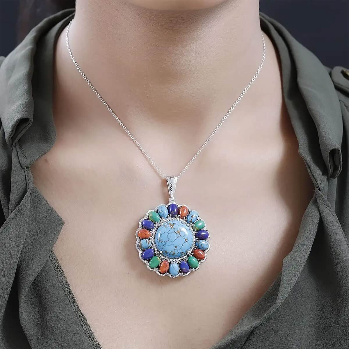 Doorbuster Karis Mojave Blue Turquoise and Mojave Multi Turquoise Halo Pendant in Platinum Bond with Stainless Steel Necklace 20 Inches 33.15 ctw image number 7