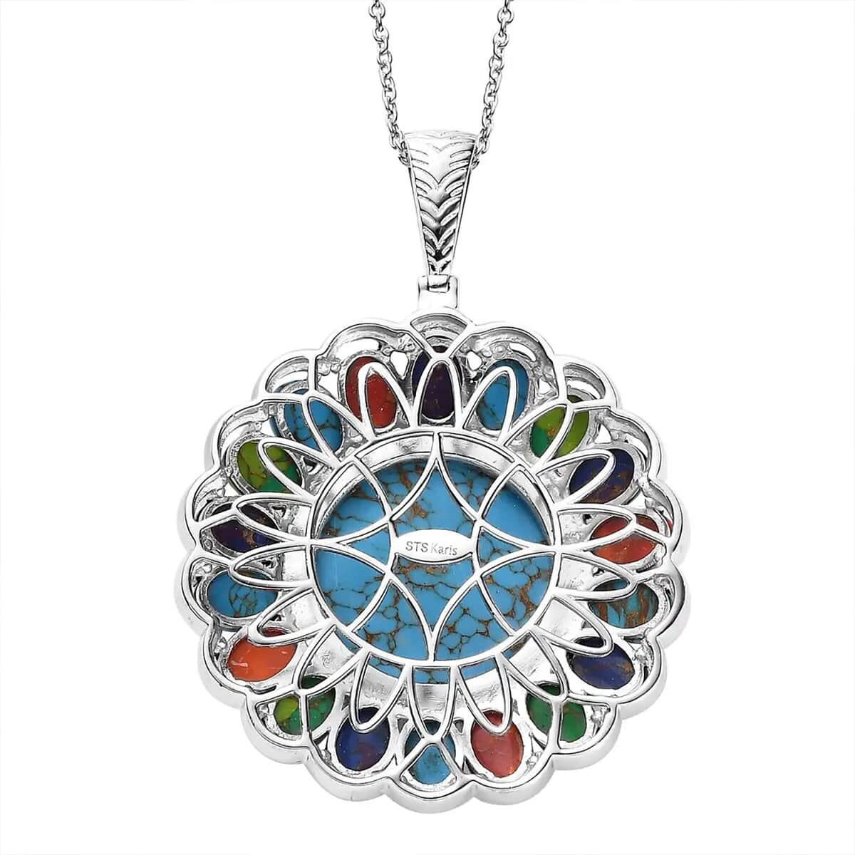 Karis Mojave Blue Turquoise, Mojave Multi Turquoise 34.25 ctw Halo Pendant in Platinum Bond with Stainless Steel Necklace 20 Inches image number 8
