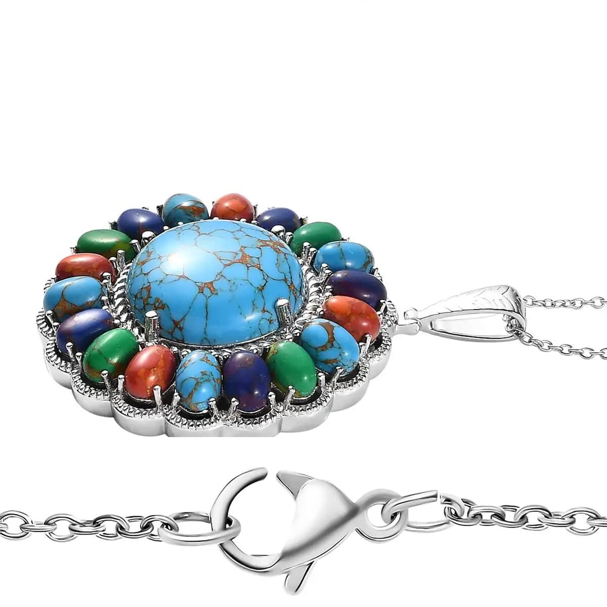 Doorbuster Karis Mojave Blue Turquoise and Mojave Multi Turquoise Halo Pendant in Platinum Bond with Stainless Steel Necklace 20 Inches 33.15 ctw image number 9