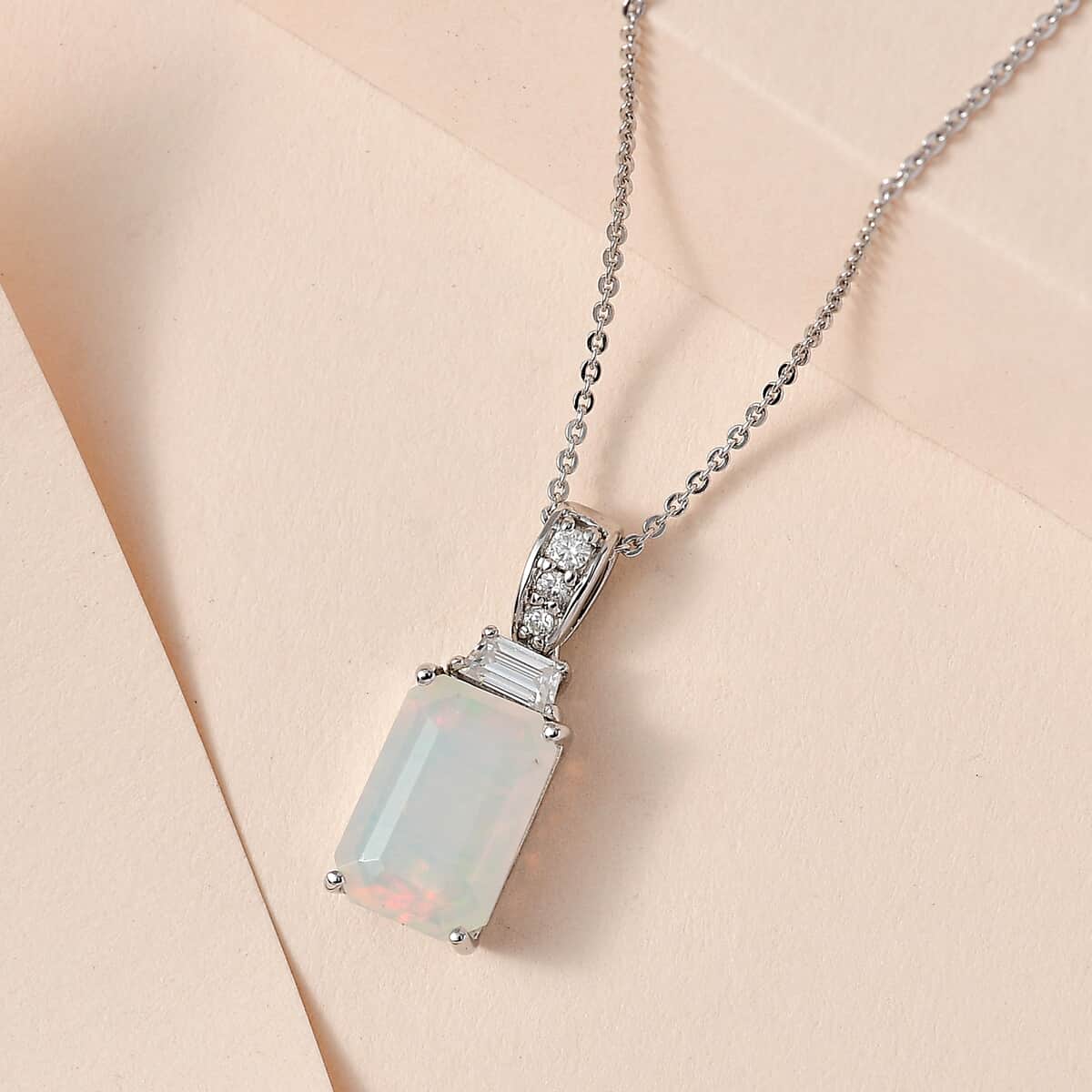 Premium Ethiopian Welo Opal and Moissanite Pendant Necklace 20 Inches in Platinum Over Sterling Silver 2.65 ctw image number 1