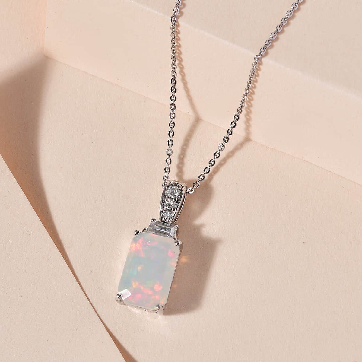 Premium Ethiopian Welo Opal and Moissanite Pendant Necklace 20 Inches in Platinum Over Sterling Silver 2.65 ctw image number 2