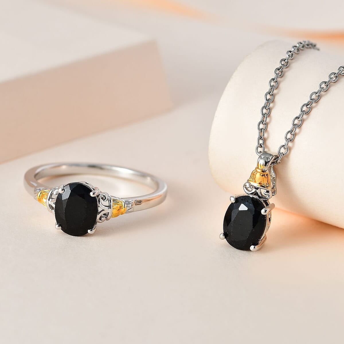 Karis Australian Midnight Sapphire Ring (Size 10) and Pendant in Platinum Bond & 18K YG Plated with Stainless Steel Necklace (20 Inches) 5.00 ctw image number 1