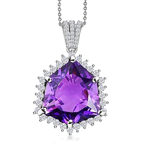 African Amethyst and White Zircon Pendant Necklace 20 Inches in Platinum Over Sterling Silver 19.10 ctw