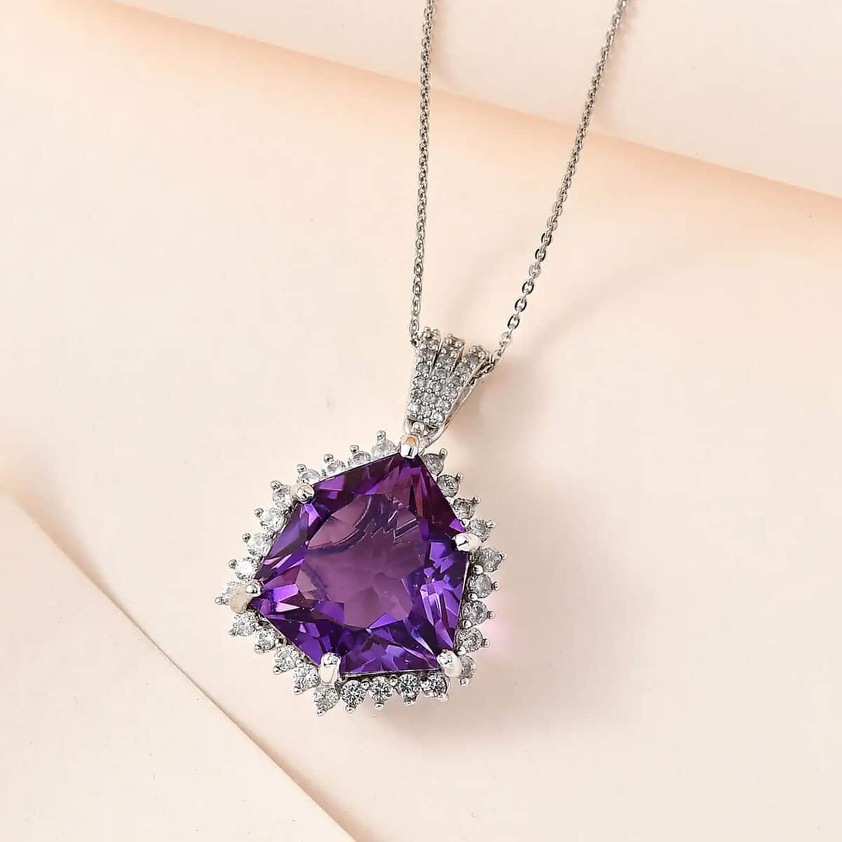 African Amethyst, White Zircon Pendant Necklace (20 Inches) in Platinum Over Sterling Silver 19.10 ctw image number 1