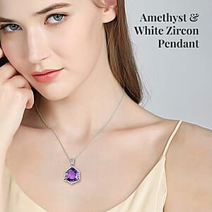 African Amethyst and White Zircon Pendant Necklace 20 Inches in Platinum Over Sterling Silver 19.10 ctw