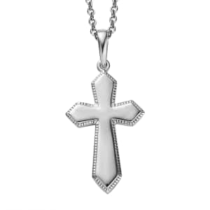 Platinum Over Sterling Silver Cross Pendant with Stainless Steel Necklace 20 Inches