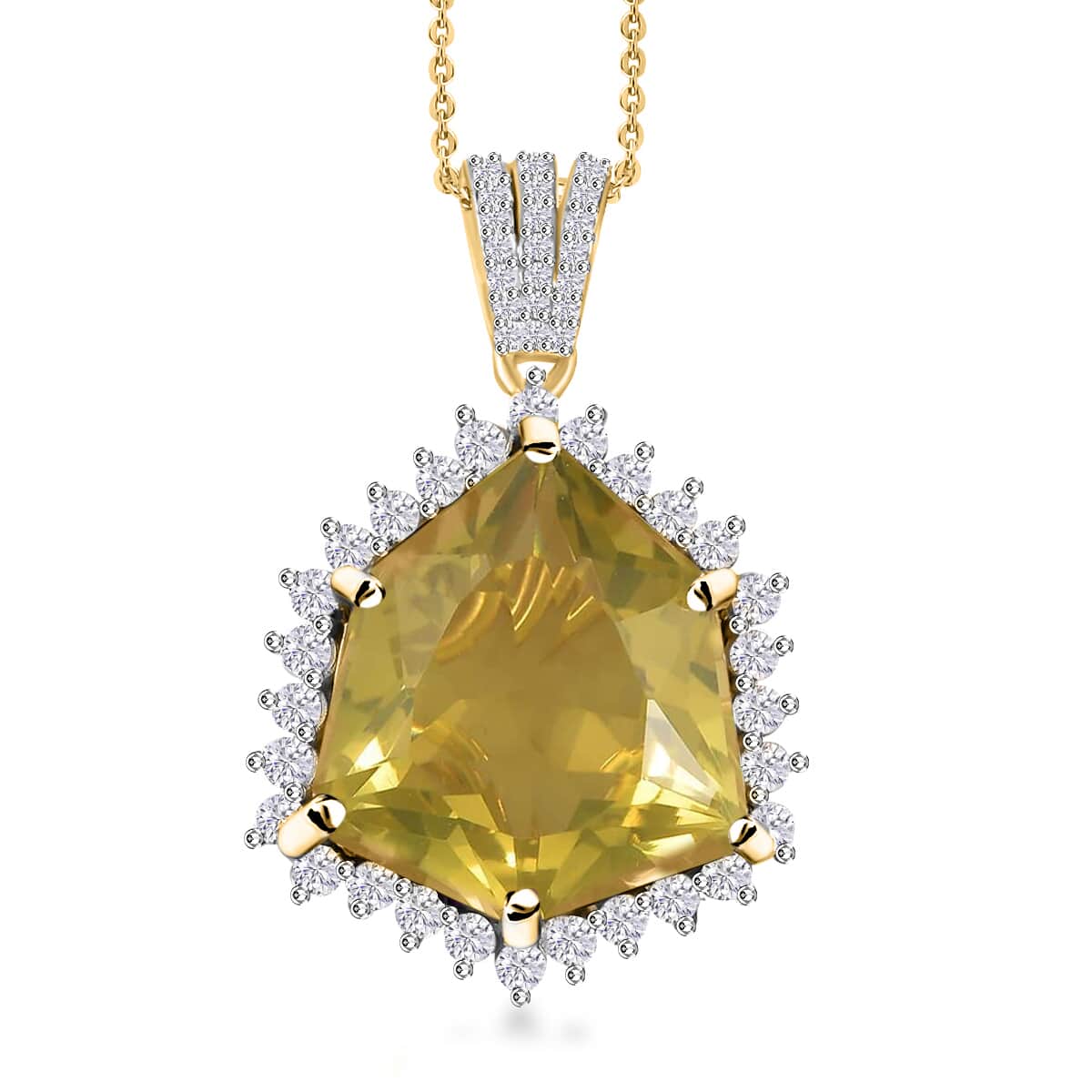 Brazilian Green Gold Quartz and White Zircon Pendant Necklace 20 Inches in Vermeil Yellow Gold Over Sterling Silver 15.00 ctw image number 0