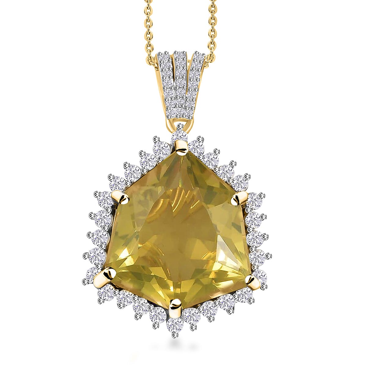 Brazilian Green Gold Quartz and White Zircon Pendant Necklace 20 Inches in Vermeil Yellow Gold Over Sterling Silver 15.00 ctw image number 0