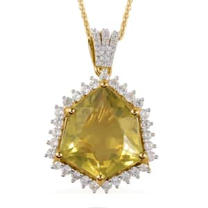 Brazilian Green Gold Quartz and White Zircon Pendant Necklace 20 Inches in Vermeil Yellow Gold Over Sterling Silver 15.00 ctw