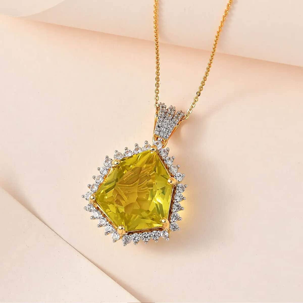 Brazilian Green Gold Quartz and White Zircon Pendant Necklace 20 Inches in Vermeil Yellow Gold Over Sterling Silver 15.00 ctw image number 1